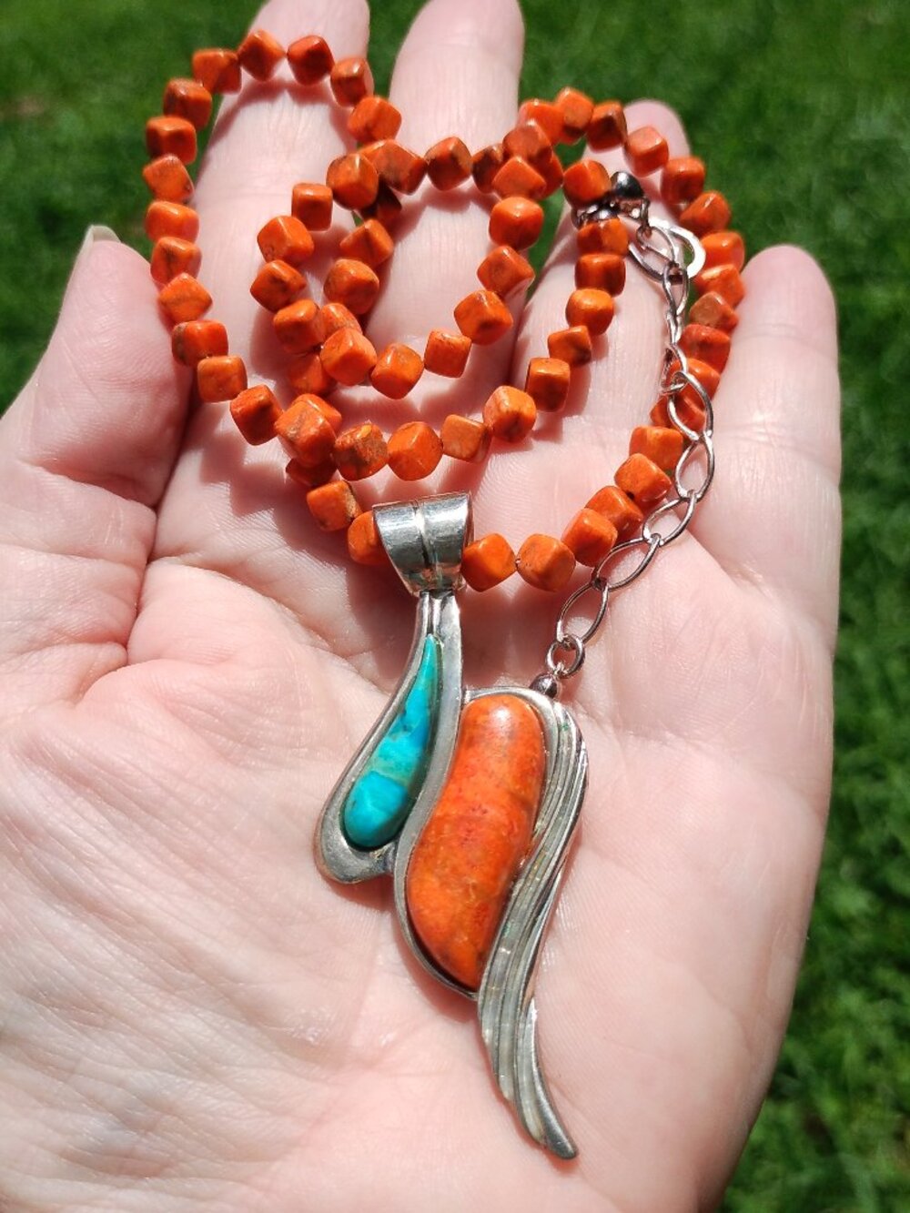Jay King DTR mine finds coral necklace Turquoise inlay pendant 925 Sterling Silv - Picture 4 of 7
